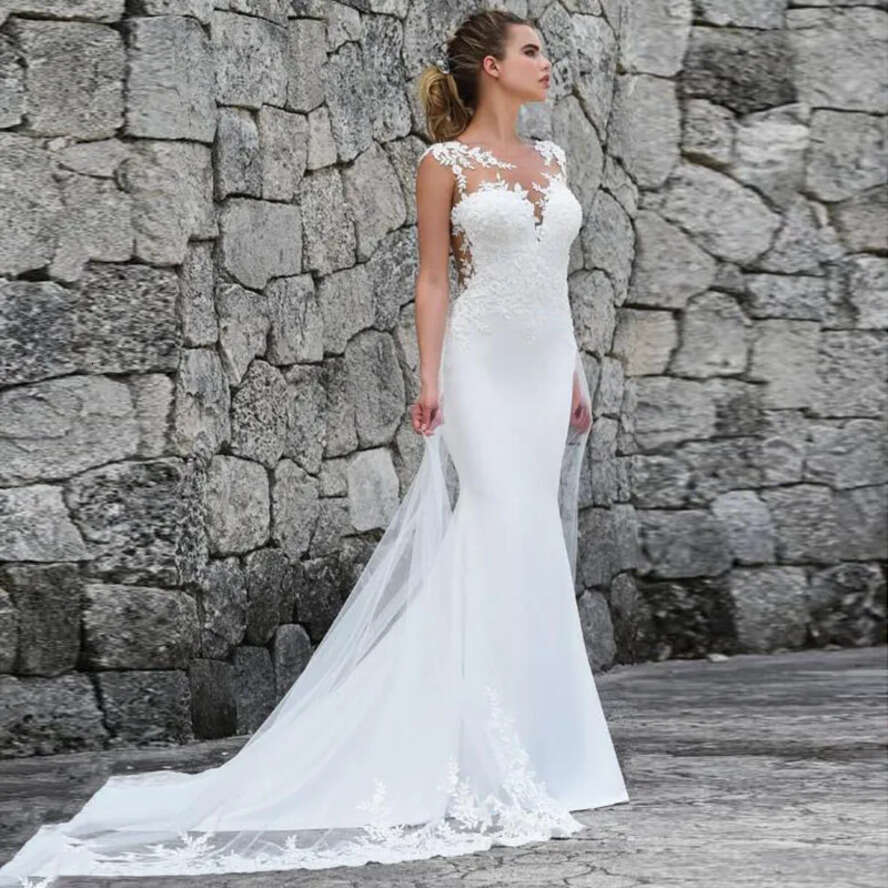 Elegant Sheer Cap Sleeve Lace Mermaid Beach Boho Dresses Tulle Applique Sweep Train Summer Wedding Bridal Gowns Robes De Mariee