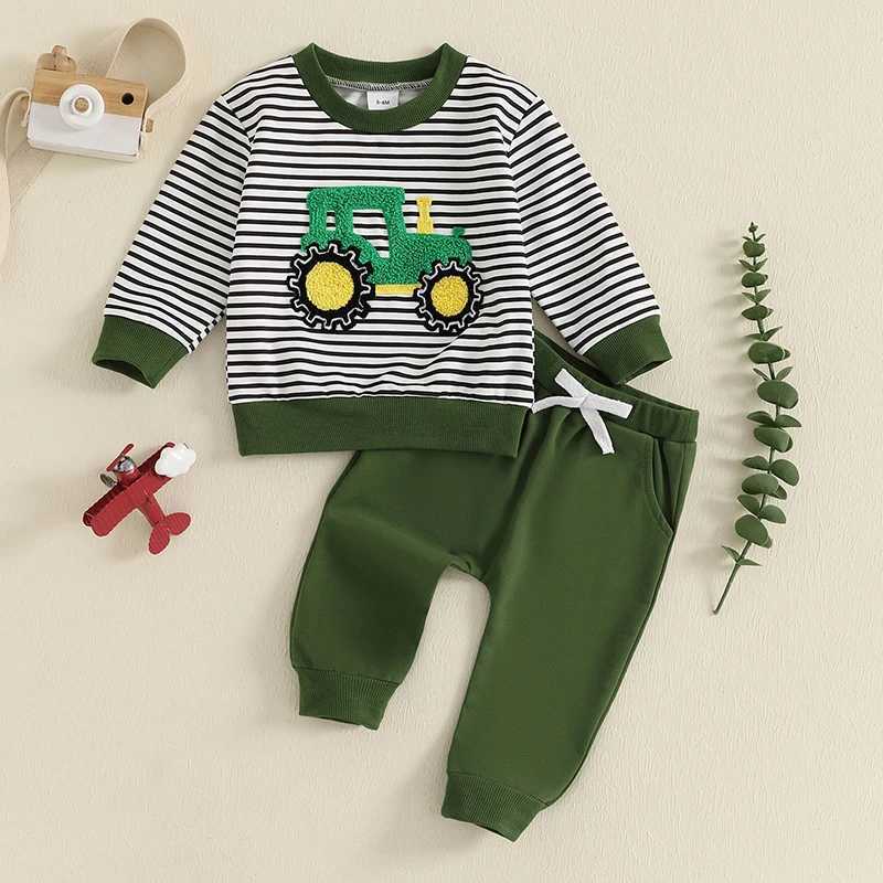 Clothing Sets Kids Baby Boy Fall Outfits Casual Green Striped Tractor Embroidered Long Sleeve Sweatshirts and Bow Tie Pants Two-Piece Sets H241126
