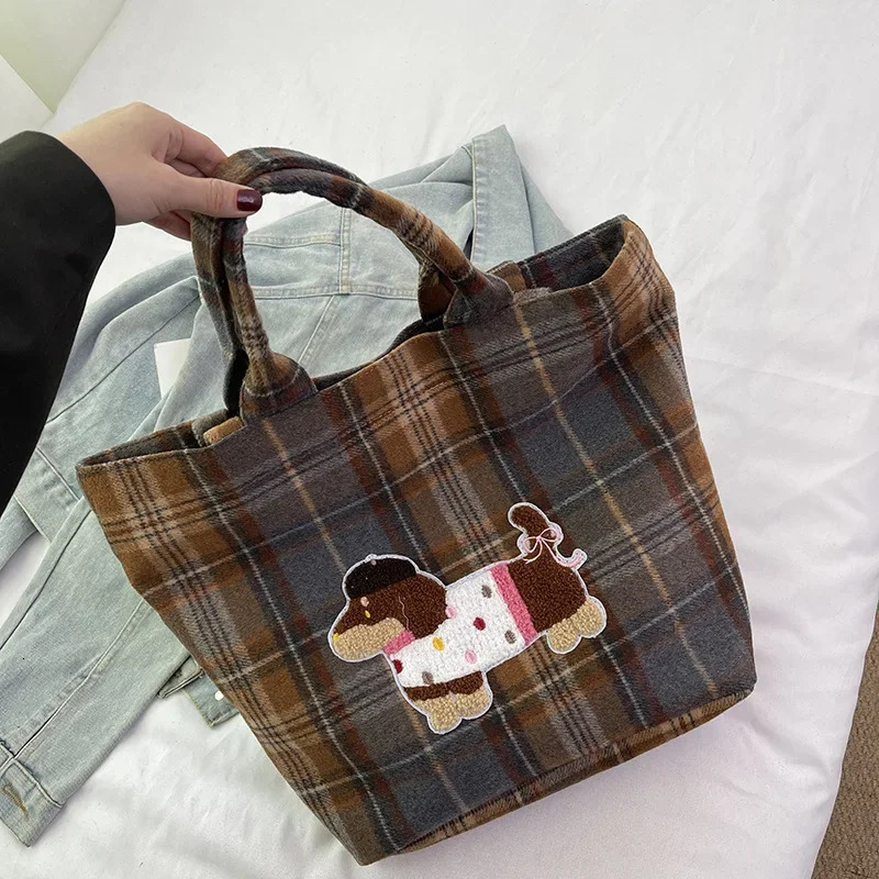 Retro Plaid Cartoon Woolen Shoulder Womens Bag Casual Lazy Wind Tote Large Capacity Shopping 241125