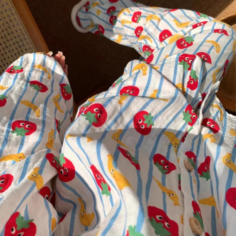 Cartoon Cute Printed 100% Cotton Cute Pajamas for Women Spring/Summer Collection Long Sleeve Mens Casual Pants 241126