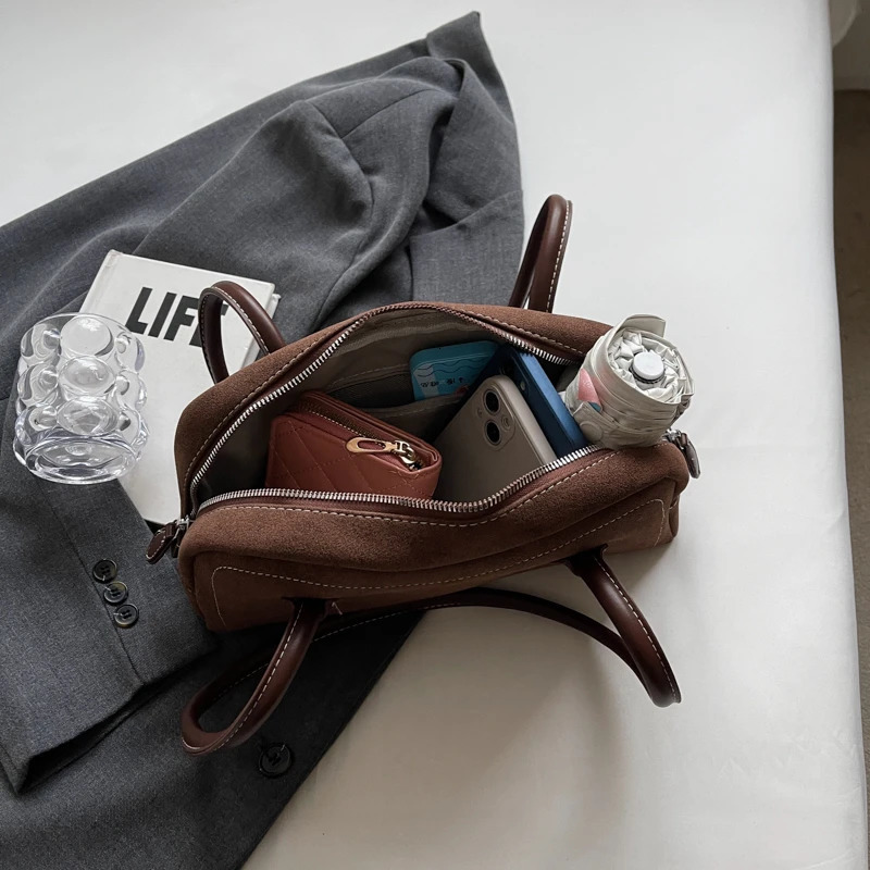 Retro Faux Suede Zipper Handbag High Quality Shoulder Bag for Women Solid Color Simple Commuting Underarm Chic Hobo 241125