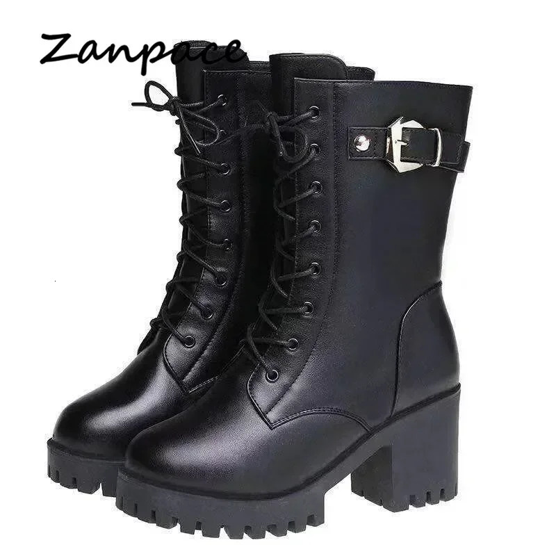 Winter Leather Women Winter Boots Thick Wool Warm Women High-heeled Genuine Boot High-quality Female Snow Boots Women Shoes 241114