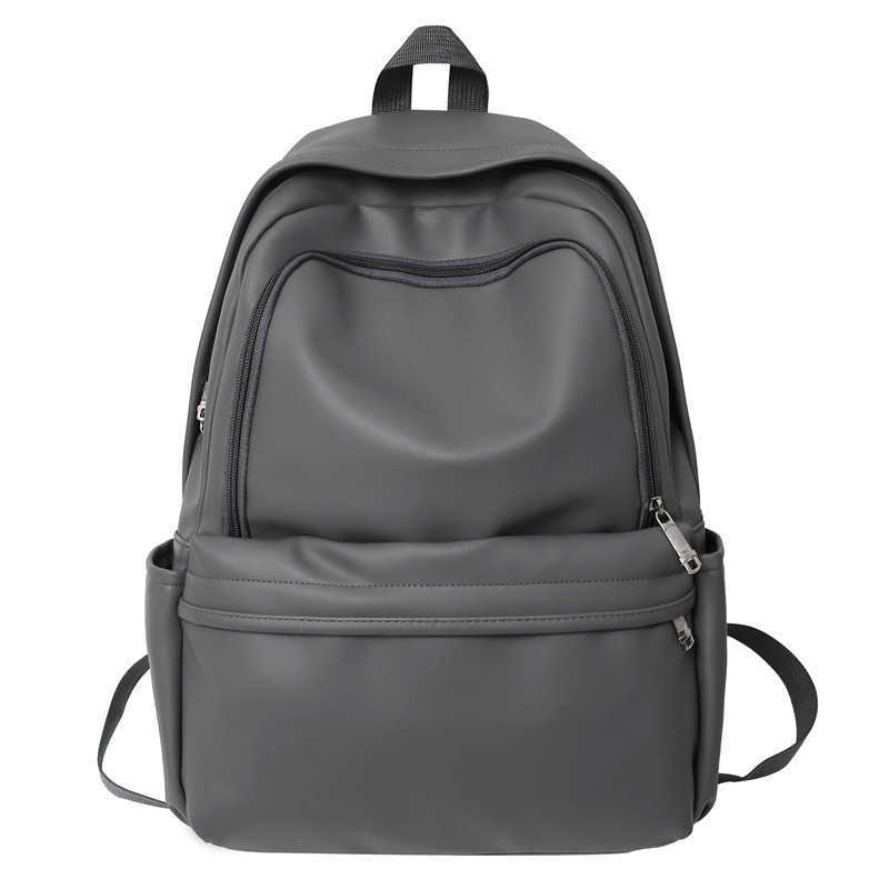 New solid color PU leather backpack with large capacity and versatile design for men, Korean version trendy brand casual backpack for female college s