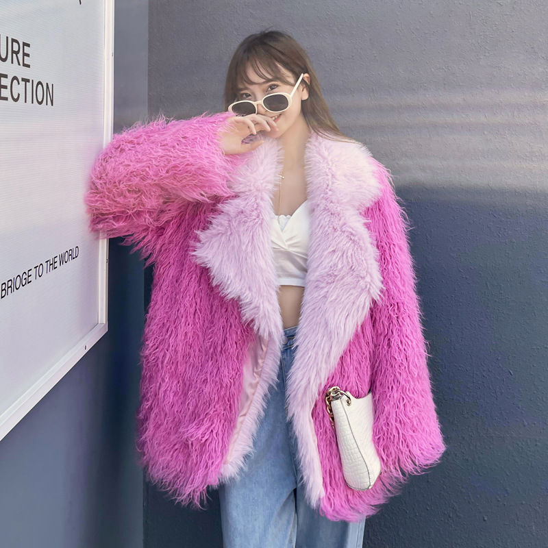 Women's Fur European and American fur imitation beach wool medium long Toka lapel peach pink fur spliced lamb wool jacket