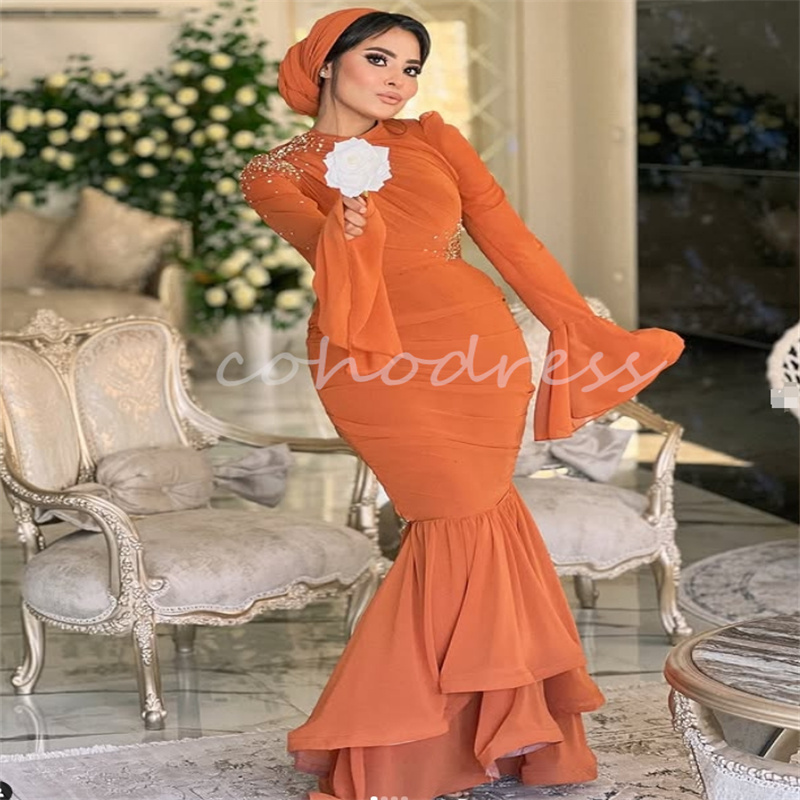 Gorgeous Orange Mermaid Evening Dress Caftan Moroccan Long Sleeve Prom Dress Beaded Plus Size Formal Engagement Party Arabic Vestidos De Fiesta Para M