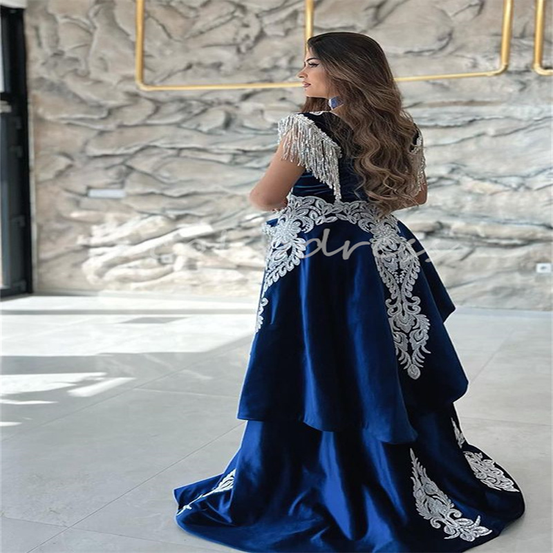 Vintage Blue Moroccan Evening Dress With Detachable Train Appliques Mermaid Velvet Prom Dress Arabic Israel Party Customized Caftan Dubai Birthday ves