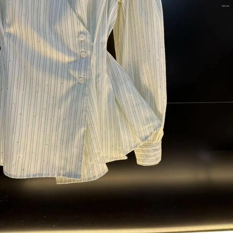 Women's Blouses French Irregular Fold Diamond Long Sleeve V-neck Striped Shirt For Women Autumn Stylish Style Skinny Top