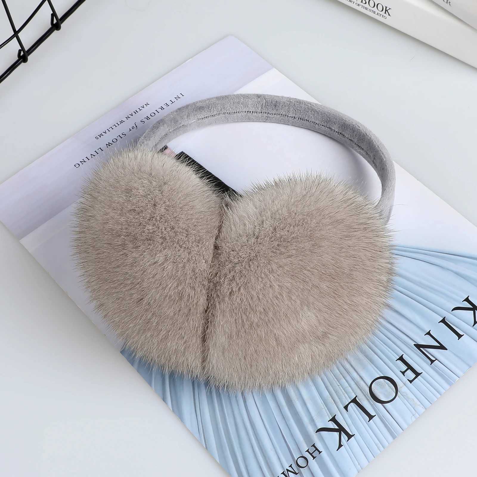 Luxury winter fashion unisex leather mink earmuffs with velvet straps womens foldable earmuffs ear warmers genuine fur earmuffs W241126