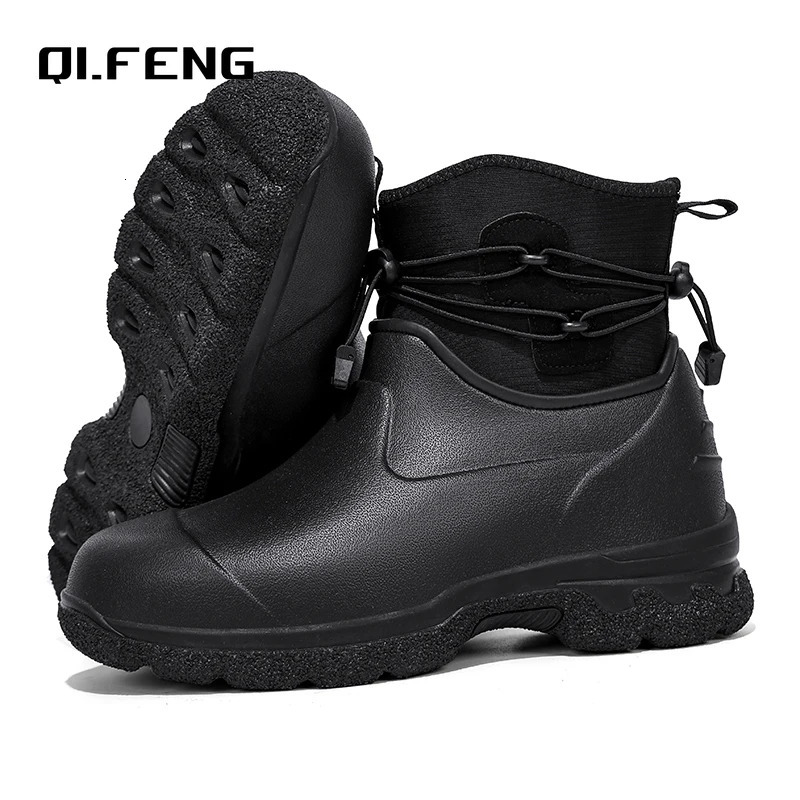 Mens rain boots leather soles high anti water ski shoes outdoor mountain plush warm work boots safety boots 241126