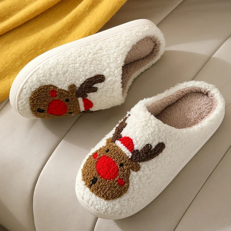 Christmas Elk Cotton Slippers for Women Men Winter Cute Cartoon Home Non Slip Couple Floor Slides Indoor Plush Shoes 20 241126