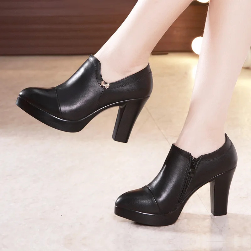 Small Size 32-43 Block Heels Platform Pumps Women 2024 Fall Black Split Leather Shoes High Heels for Thin Feet Office Model Mom 241126