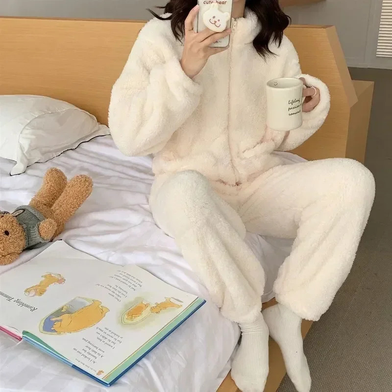 Winter Pajama Set for Womens Kawaii Warm Turtle Neck Pajama Zipper Coral Velvet Thick Comfortable Loose Simple Daily Soft 241126