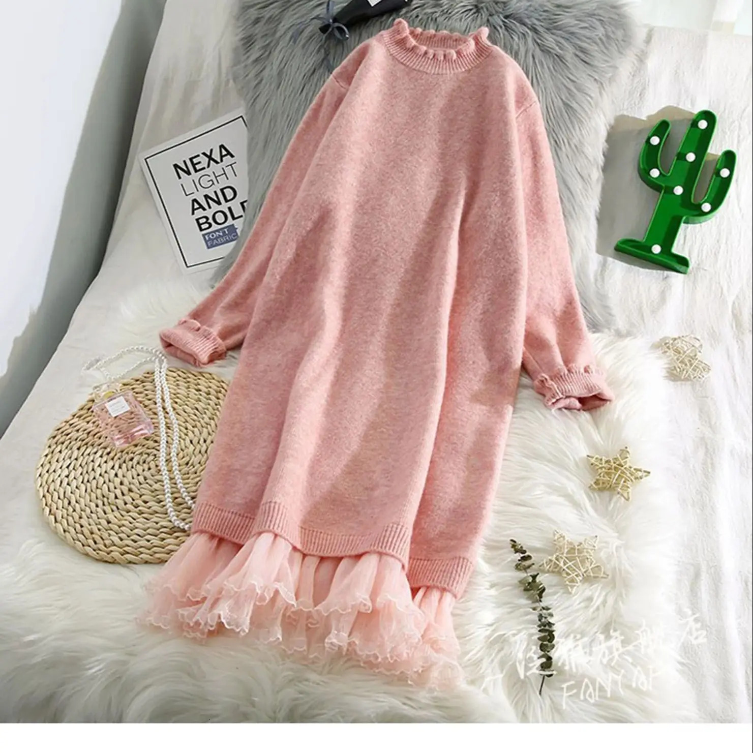 Lace Patchwork Knitted Sweater Dress Women Autumn Winter Korean Half High Collar Thick Mid Solid Loose Versatile Pullover 241112
