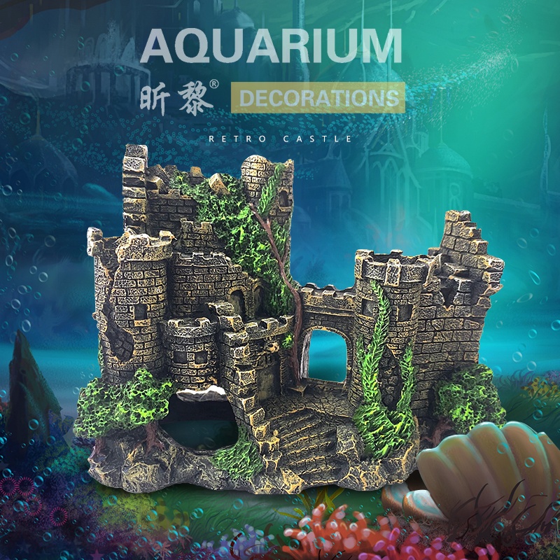 Realistic design aquarium resin purple waterfall castle ornament decoration for fish tank