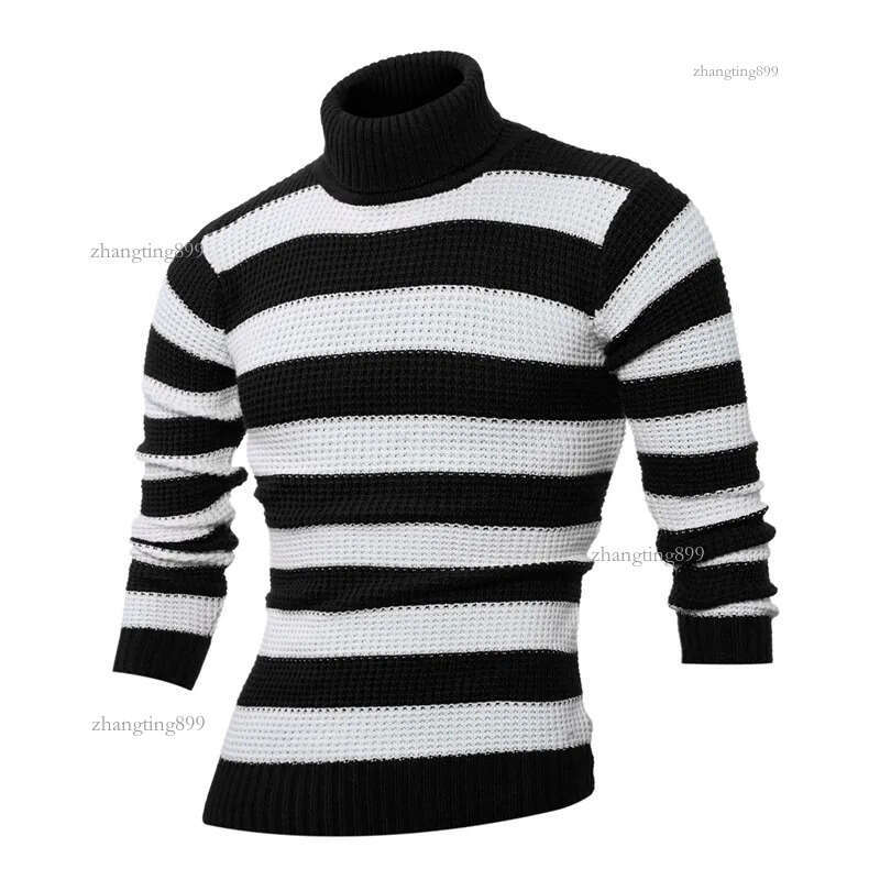 Men's Sweaters Winter Fashion Stripe Print Design Large Size Turtleneck Sweater Long Sleeve Contrast Casual