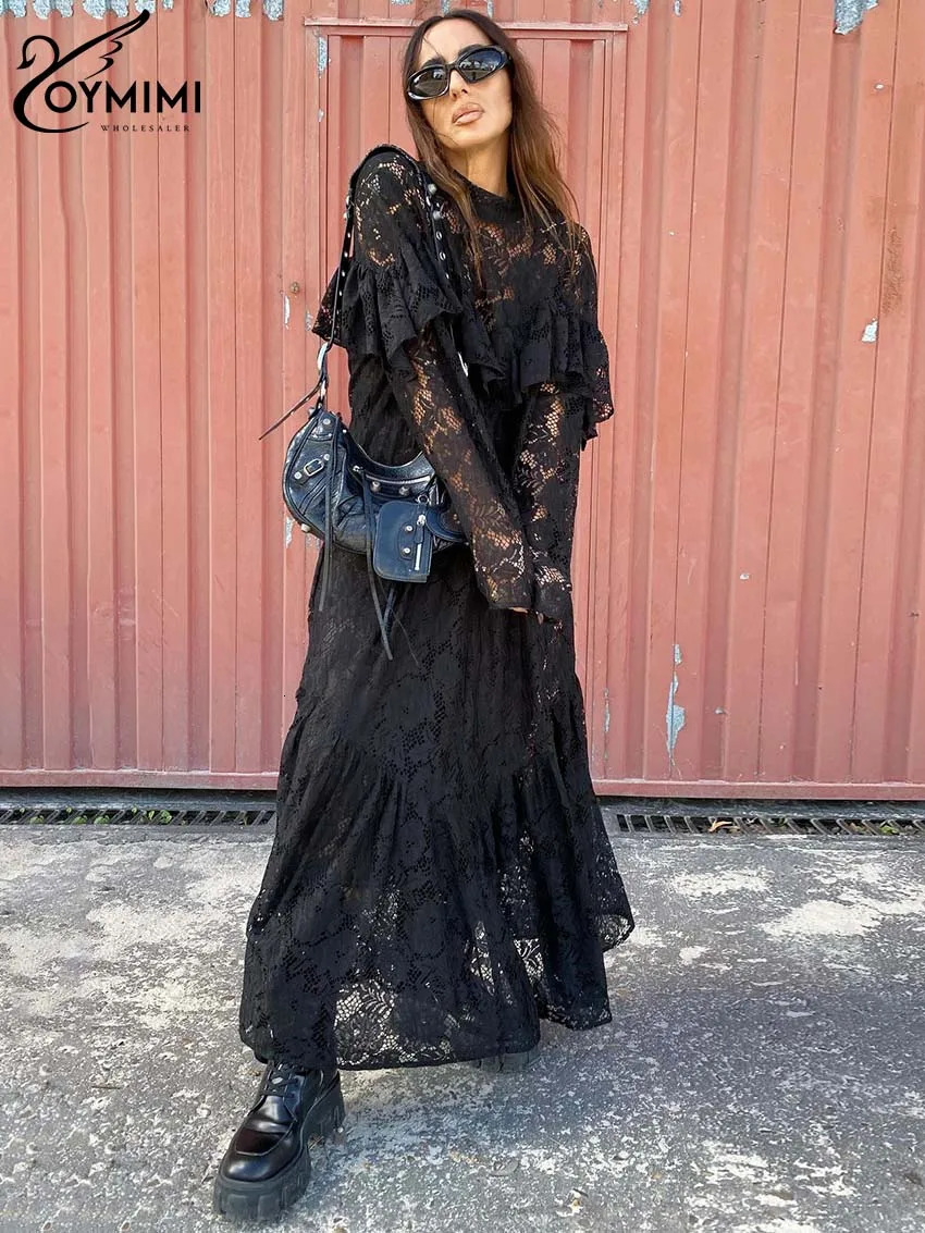 Oymimi Fashion Black Lace Womens Dresses Elegant ONeck Long Sleeve Ruffled Casual Loose AnkleLength Dress Streetwear 241112