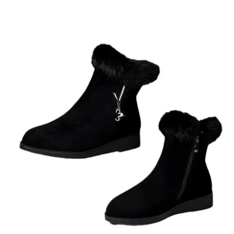 Womens ankle boots 2024 snow boots winter thick cotton shoes flat bottom plush zipper warm and comfortable anti slip cotton boots 241126