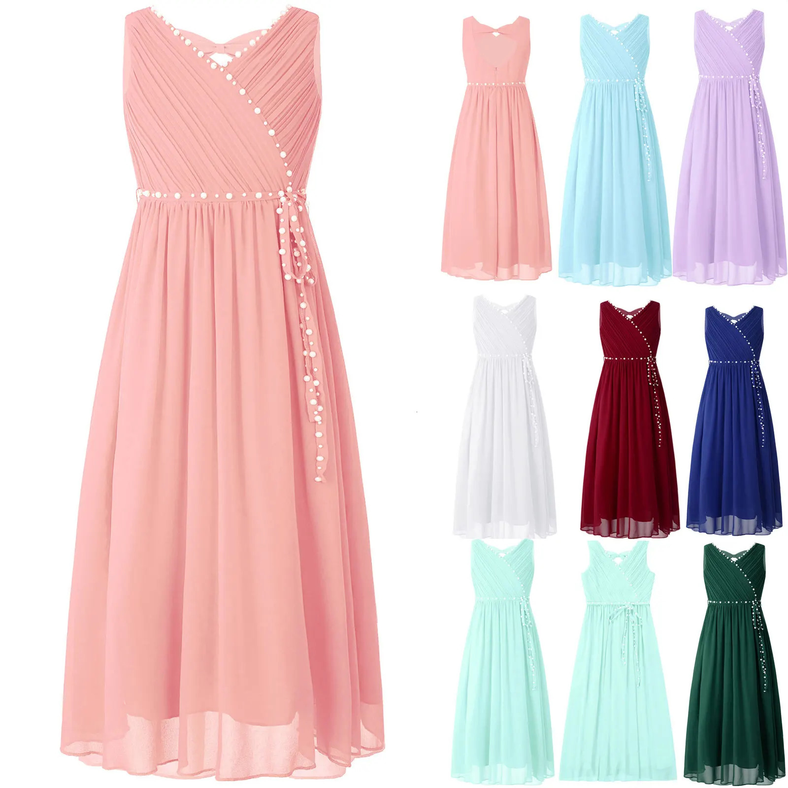 Girls Dress Festive Long Childrens Clothing Wedding with Beads Bow Flower Girl Dress Summer Princess Birthday Chiffon Dress 241126