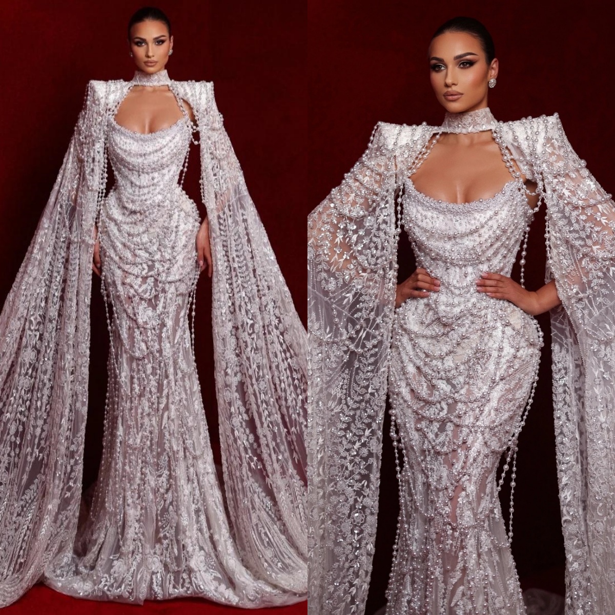 Exquisite Wedding Dresses Sequins Pearls Bride Gowns With Cape Sleeves Beading Appliques Princess Custom Made Bridal Dress Vestido De Novia 0218