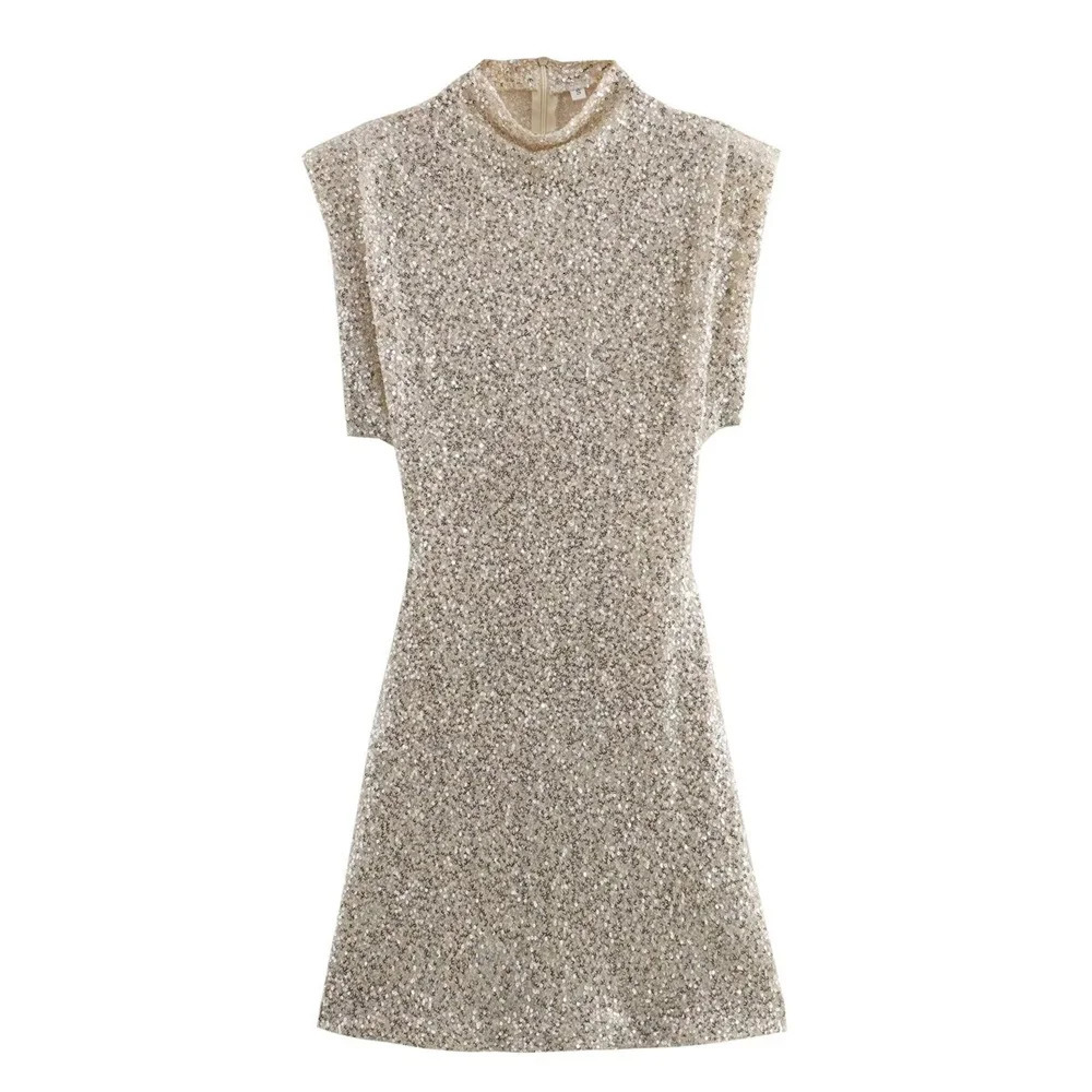 Zach Ailsa Summer Product Womens Slim Fit Elegance Sleeveless Shoulder Padding Sequins Display Dress 241112