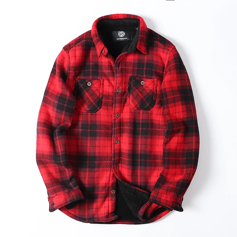 Mens long sleeved Sherpa lined shirt jacket wool plain flannel shirt casual autumn thick warm shirt US size 241126