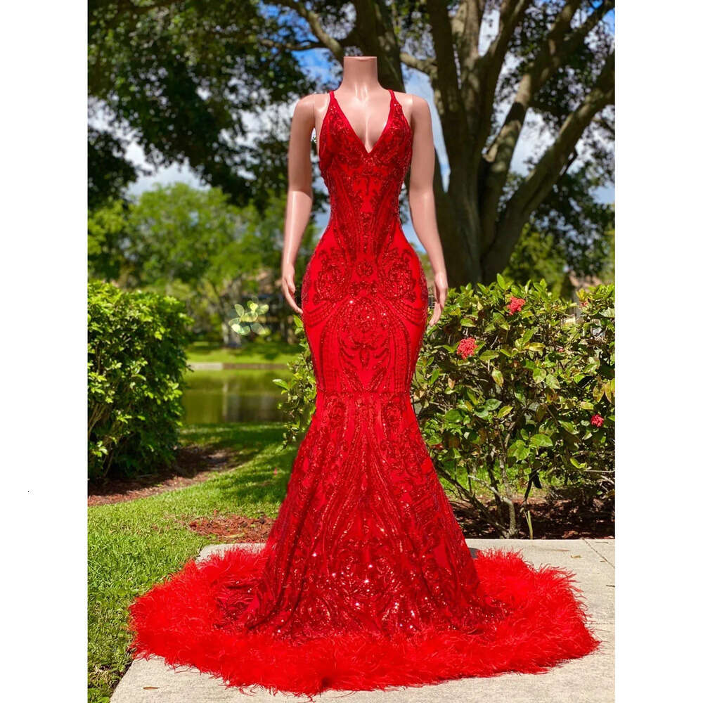 Mermaid Arabian Sexy Black Girl Prom Dresses Red Sequined Elegant Backless Feather Evening Gowns Long Women Formal Dress Robe De Soiree Bc