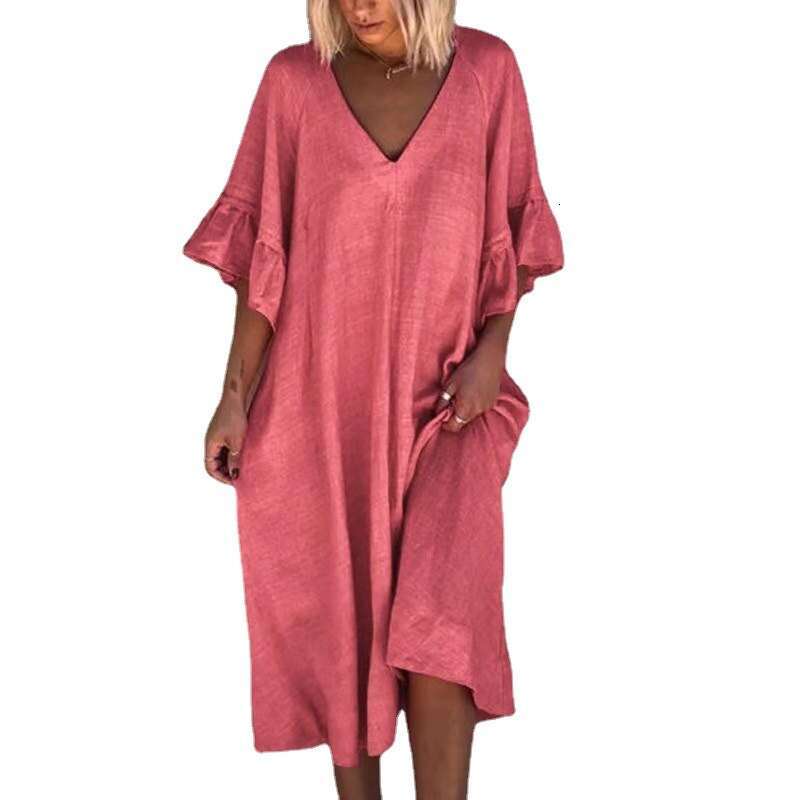 New European And American Solid Color Sexy V-Neck Patchwork Loose Dress B2