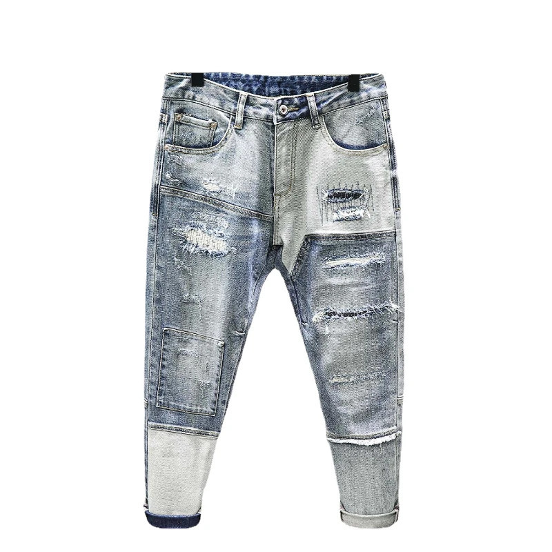 Autumn Winter Trend Mens Straight Slim Jeans Ripped Hole Patch Vintage Distressed Fashion Splicing Denim Pants Streetwear 241126wtt