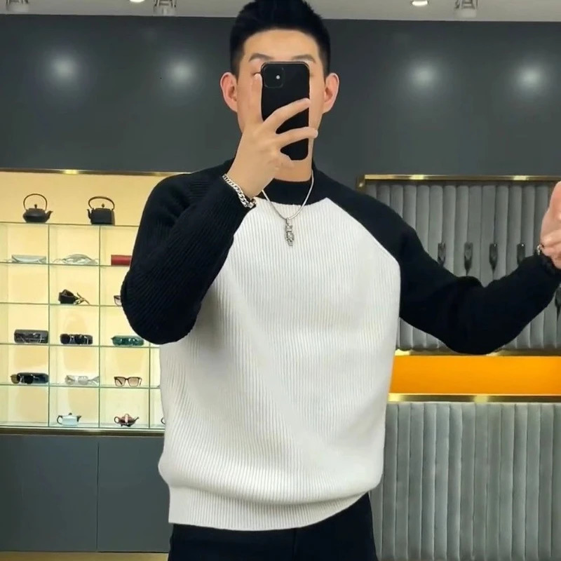 Autumn and Winter Mens Sweater Casual Warm Loose Fashion Patch Work Pulling Flower Retro Harajuku Round Neck Knitted Bottom Sweater 241126