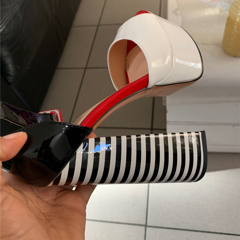 Onlymaker Women Platform Peep Toe Chunky Square Heels Ankle Strap Sandals Black And White Stripes Party Fashion Shoes