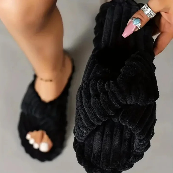 Womens autumn and winter cotton anti slip home slider warm toe cross flat slider 241126