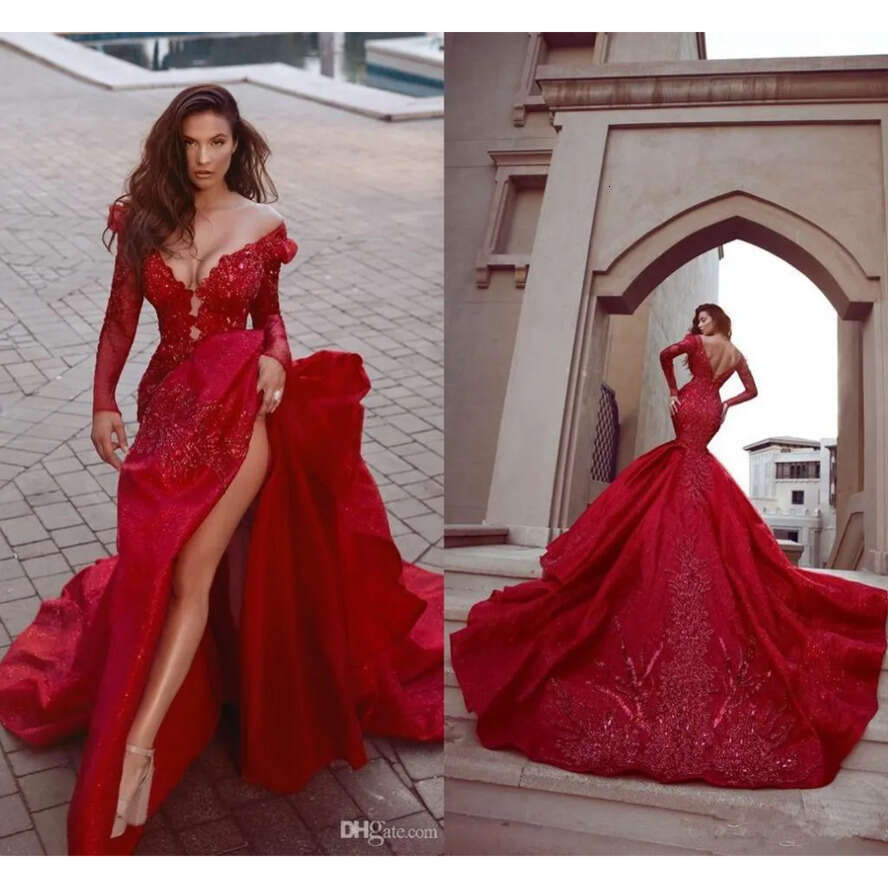Mermaid Prom Red High Side Split Evening Dress Sexy Long Sleeve Open Back Off Shoulder Appliqued Formal Party Gowns