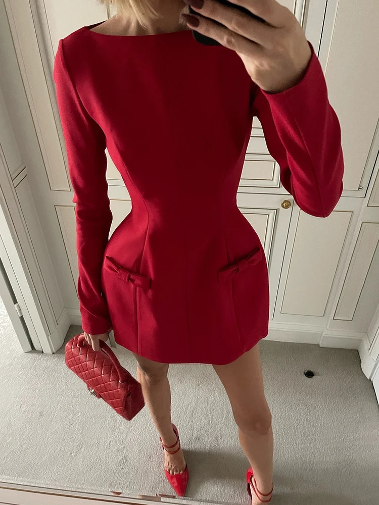 Mozision Double Bow Long Sleeve Sexy Mini Dress For Women Autumn Winter Solid High Waist Bodycon Club Party Elegant 241112