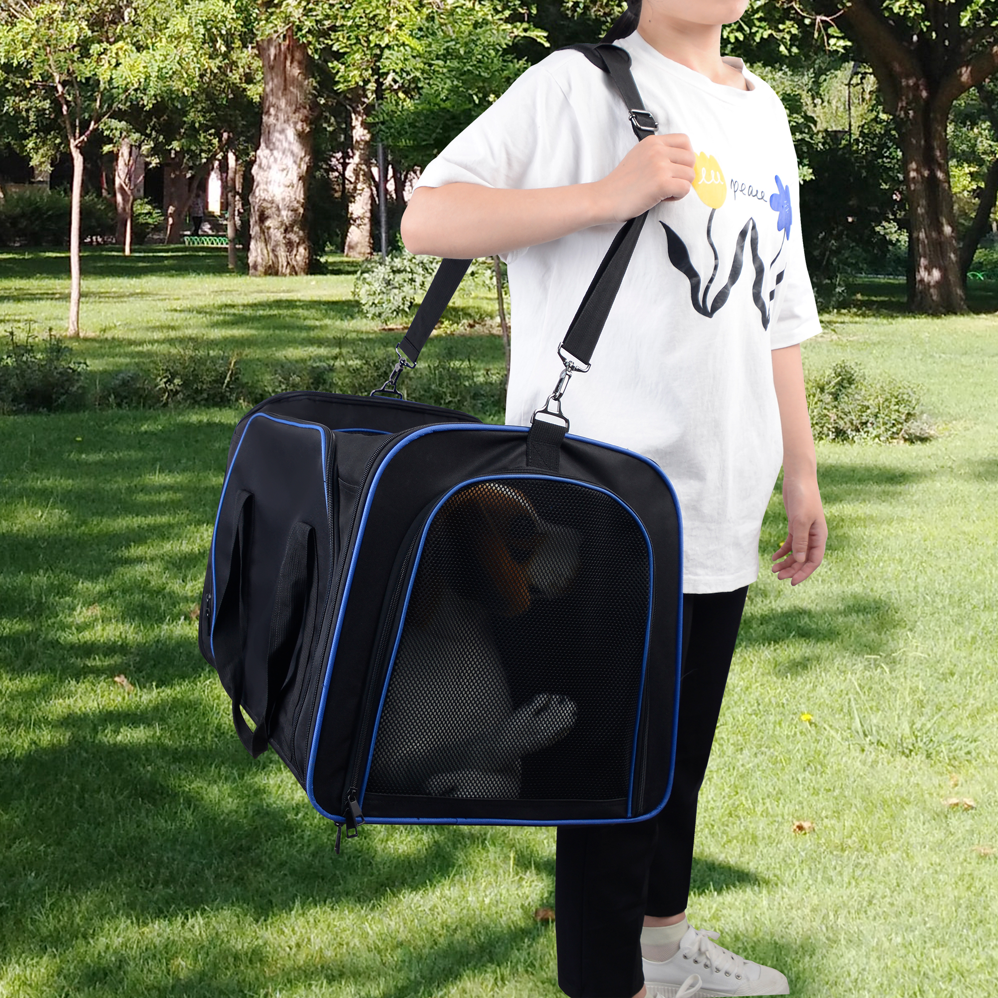 Wholesale Outdoor Pet Travel Carrier Bag Folding Pet Cage for Medium Cats Dogs with Locking Safety Zippers