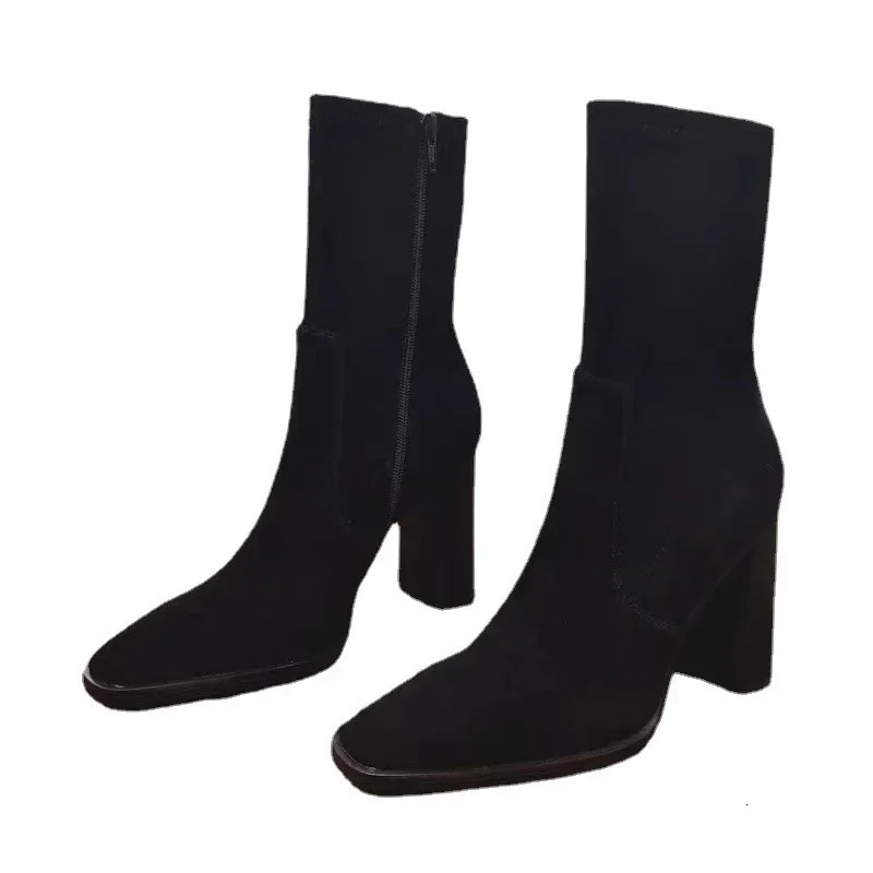 Ladies Shoes Side Zipper Womens Boots Winter Square Toe Solid Short Barrel Chunky Heel Fashion Boots Zapatos 241114