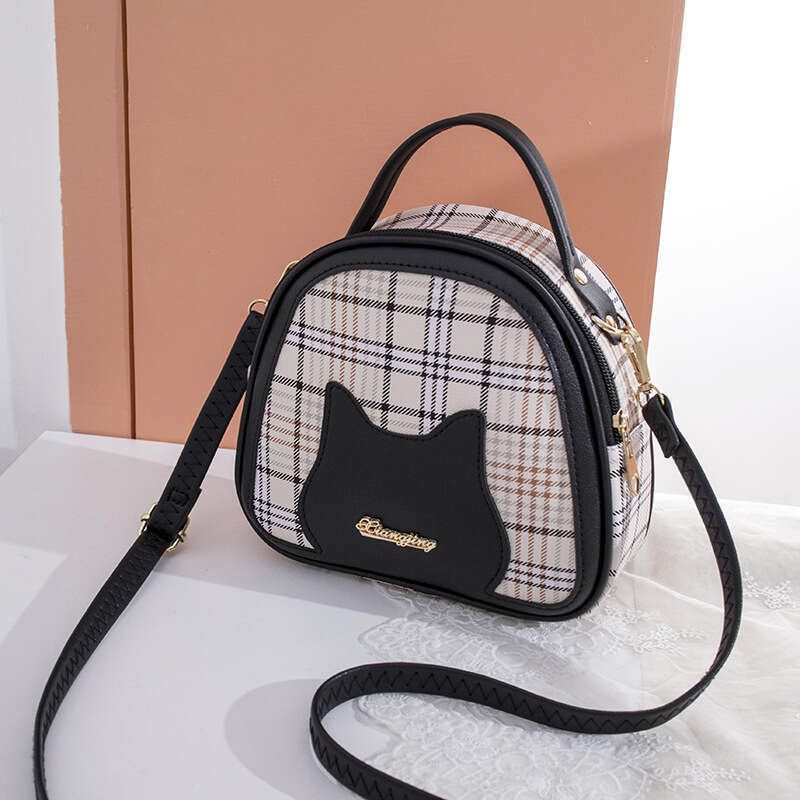 Ladies' 2024 new style plaid contrasting cat face letter label handbag shoulder casual phone gift bag