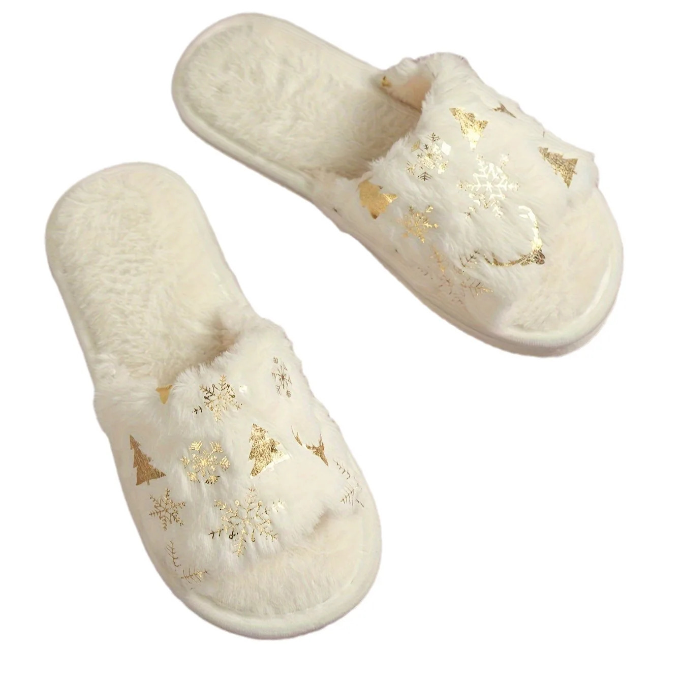 Christmas Style White Fluffy Slippers Women 2024 Winter Warm Flat Heels Home Fur Slippers Woman Non Slip Cotton House Shoes 241126