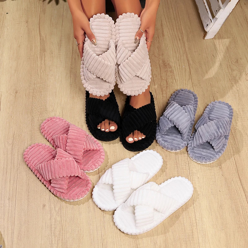 Corduroy Cross Band Home Fluffy Slide for Womens Autumn and Winter Warm Plush Slide for Womens Indoor Soft Bottom Cotton Slide 241126