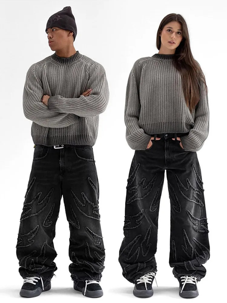 American Fashion Mens Solid Knitted Sweater O-neck Long Sleeve Oversized Zipper Jumper Autumn Street Mens Loose Knitted Sweater 241126