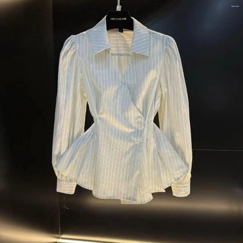 Women's Blouses French Irregular Fold Diamond Long Sleeve V-neck Striped Shirt For Women Autumn Stylish Style Skinny Top