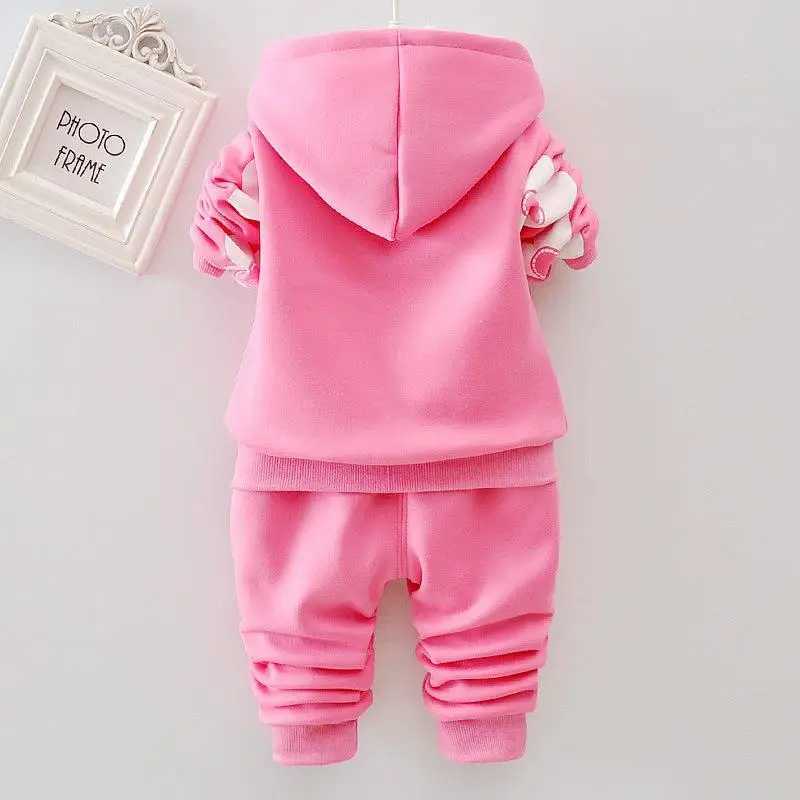 Clothing Sets Baby Girls Flower Cartoon Thickk Woolen Autumn Winter Hoodied Jacket Coat Pants Clothing Set Children Kids Warm Clothes Suits H241126