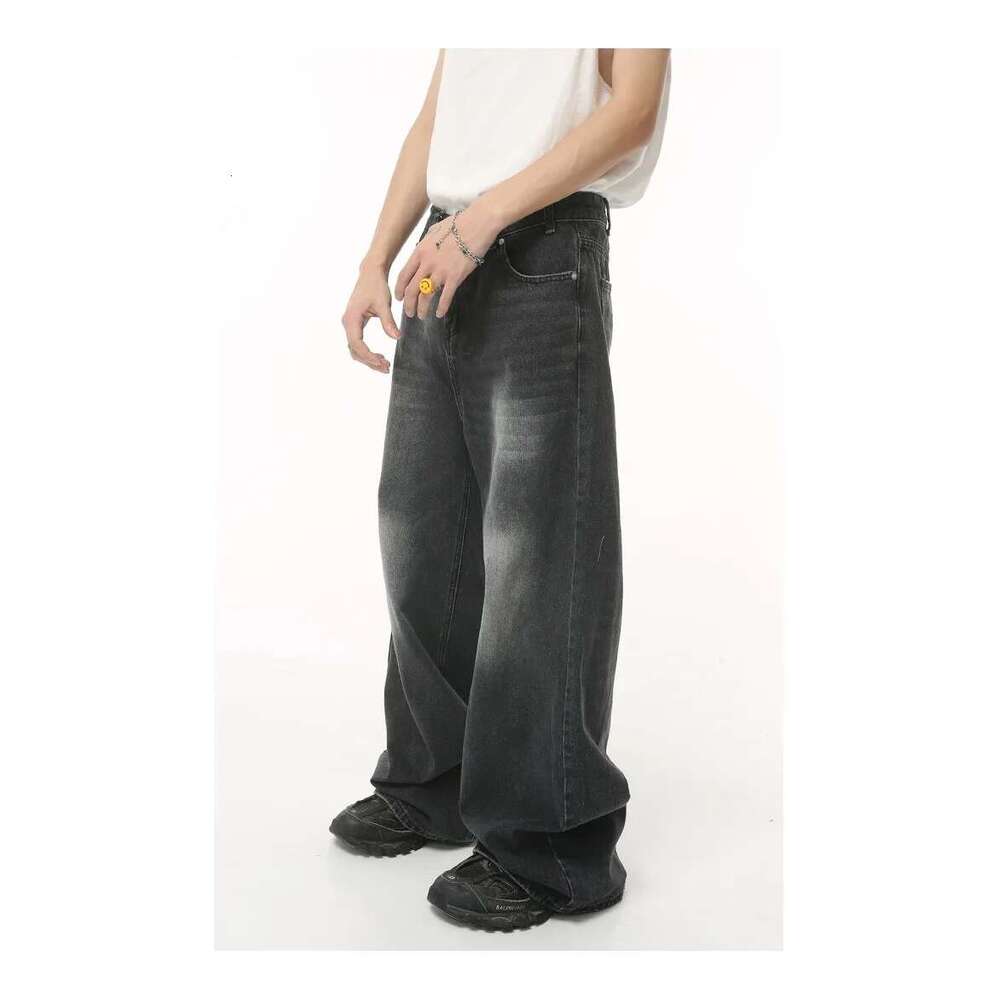 Rindu Streetwear Vintage Y2k Men's Jeans Black Baggy Trousers New Wide Leg Denim Hip Hop Haruku Distressed Straight Pants