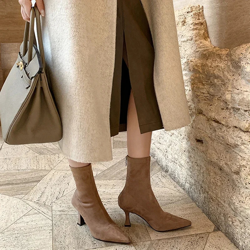 Vintage Women Ankle Boots Fashion Pointed Toe Shoes Autumn Winter High Heel Ladies Elegant Stretch Slim Short Booties 241126