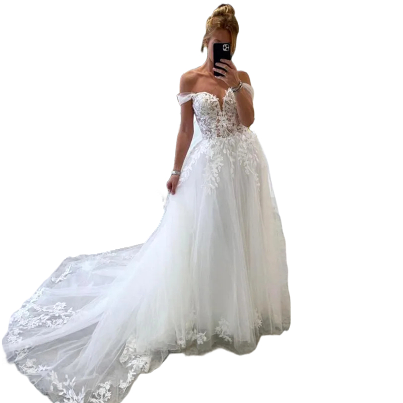 Off The Shoulder Boho Wedding Dresses Tulle Long Train Lace Appliques Ivory Bridal Gowns Summer Beach A Line Bride Dress Back Lace-Up Plus Size Sweeth