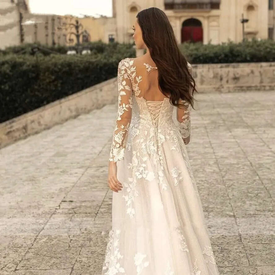 Elegant Long Sleeves A E Wedding Dresses Sheer Scoop Neck Tulle Applique Sweep Train Bridal Gowns Bride Dress Custom Made With Lace UP