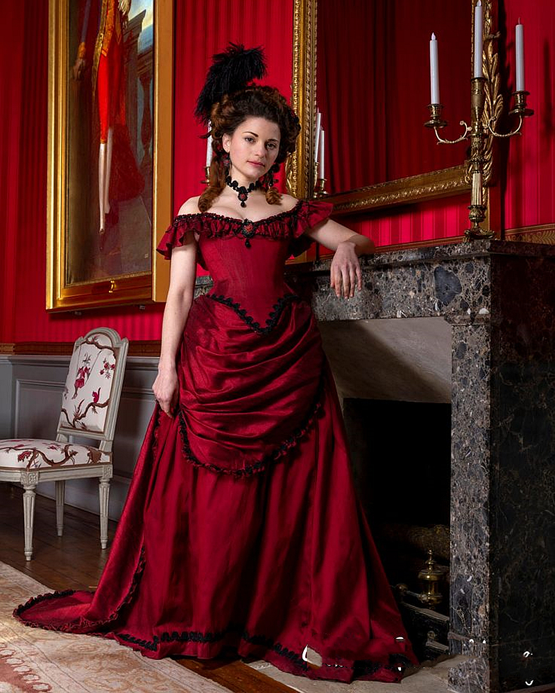Ruched Victorian Bustle Prom Dresses Dark Red Off Shoulder Vintage Princess Evening Gown For Women 2024 Corset Halloween Masquerade Special Occasion W