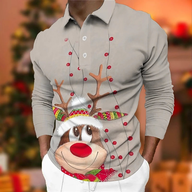 Cute Elk Pattern Polo Shirt For Men Fashion Autumn Long Sleeve Mens 3D Printed Christmas T-shirt Loose Casual Harajuku Tops 241126