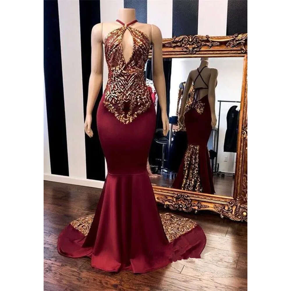 Satin Mermaid Bury Halter Long Prom Lace Applique Criss Cross Floor Length Formal Party Evening Dresses Bc