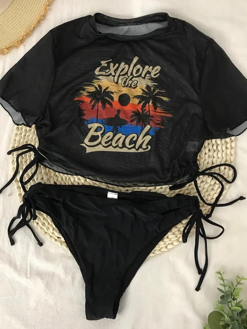 Womens Swimwear Women Coconut Palm Print Bikini Sets 2024 Short Sleeve Swimsuit Push Up High Waist Bathing Suit Young Style