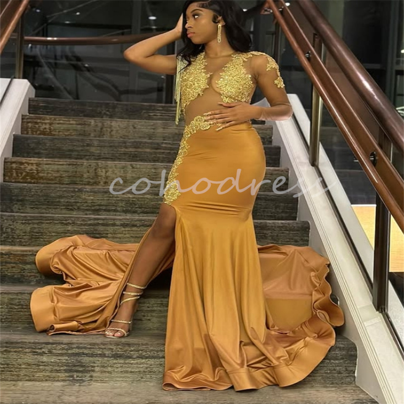 Glam Orange Prom Dress For Black Women Sexy One Shoulder Long Sleeve Mermaid Evening Dress Split Lace Tassle Birthday Occasion Nigeria Party Dress Ves